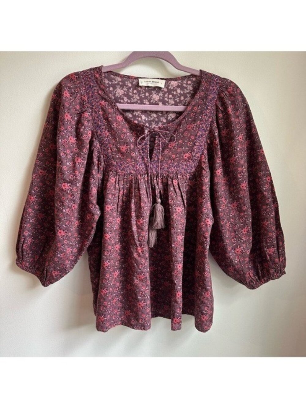 Lucky Brand Peasant Blouse Small Mauve Pullover Smocked Floral Cottage Milkmaid
